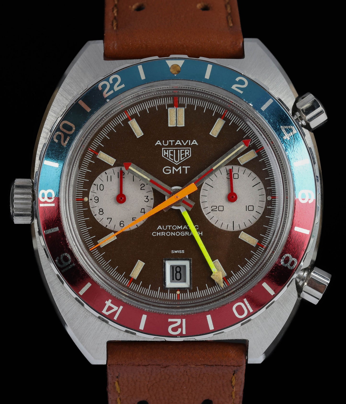 Pre-owned vintage Heuer Autavia 1163 GMT - Mark 2 'Red Needles' Tropical Dial 42mm Circa 1970s | Crown Vintage Watches