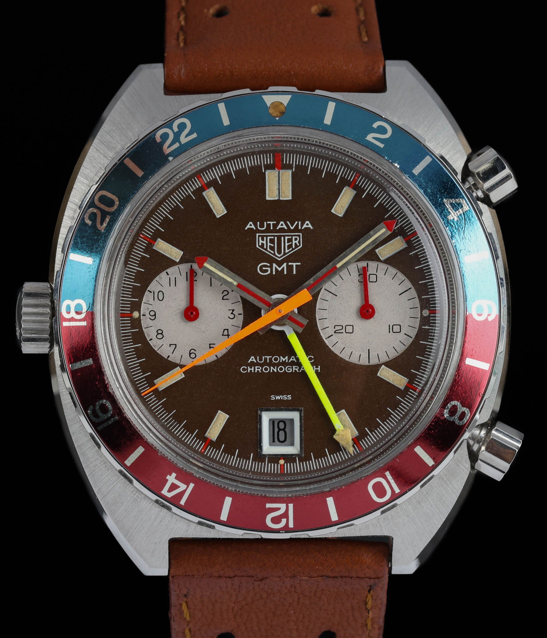 Pre-owned vintage Heuer Autavia 1163 GMT - Mark 2 'Red Needles' Tropical Dial 42mm Circa 1970s | Crown Vintage Watches