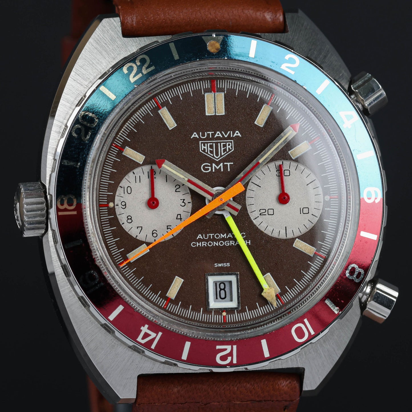 Pre-owned vintage Heuer Autavia 1163 GMT - Mark 2 'Red Needles' Tropical Dial 42mm Circa 1970s | Crown Vintage Watches
