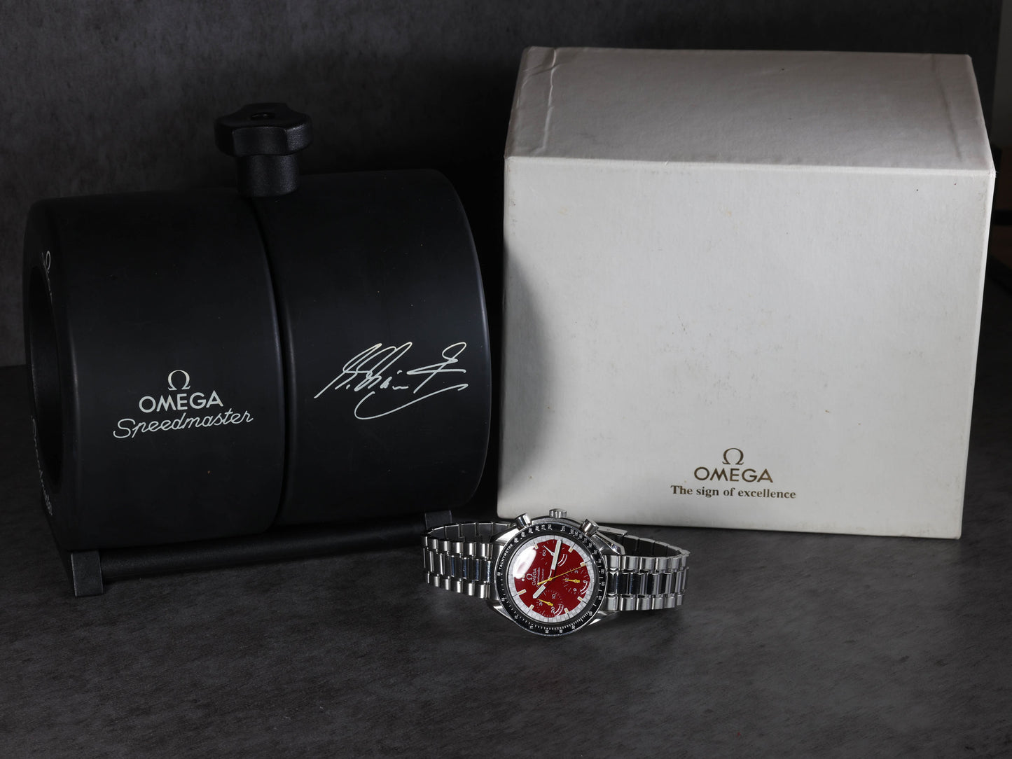 Pre-owned vintage Omega Speedmaster Reduced 3510.61 Schumacher Red 2000s Watch & Box | Crown Vintage Watches