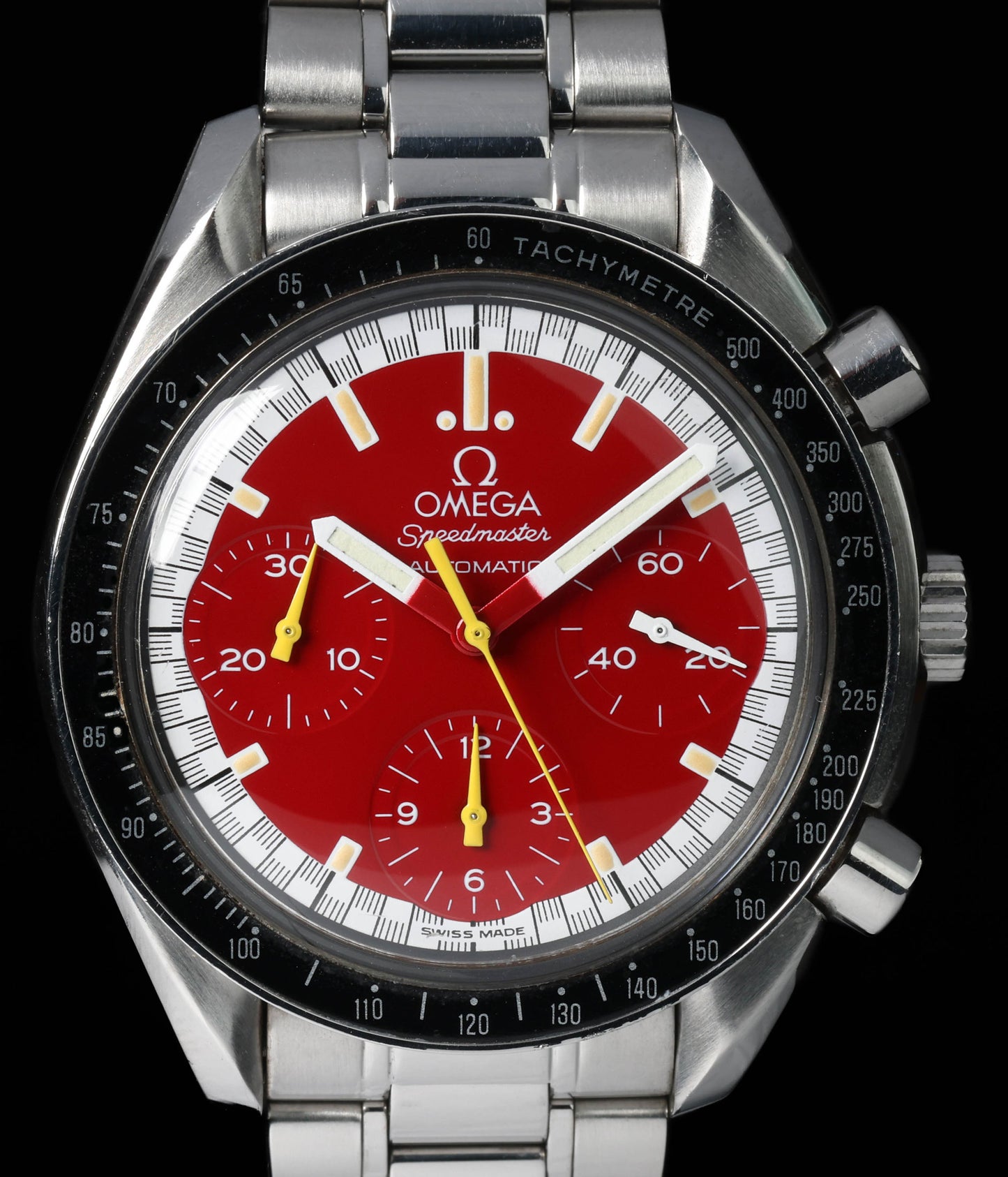 Pre-owned vintage Omega Speedmaster Reduced 3510.61 Schumacher Red 2000s Watch & Box | Crown Vintage Watches