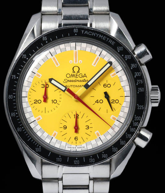 Preowned vintage Omega Speedmaster Reduced Yellow Schumacher 3510.12 39mm 1998 | Crown Vintage Watches