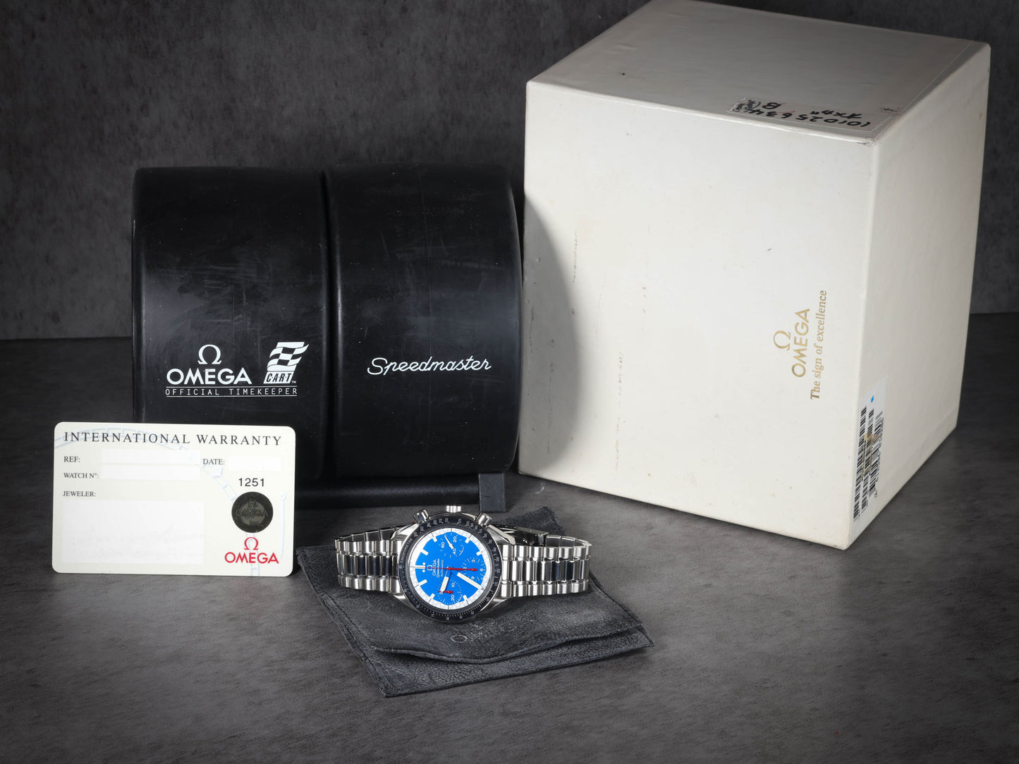 Preowned vintage Omega Speedmaster Schumacher Blue 3510.81 39mm 1990s Box & Papers | Crown Vintage Watches