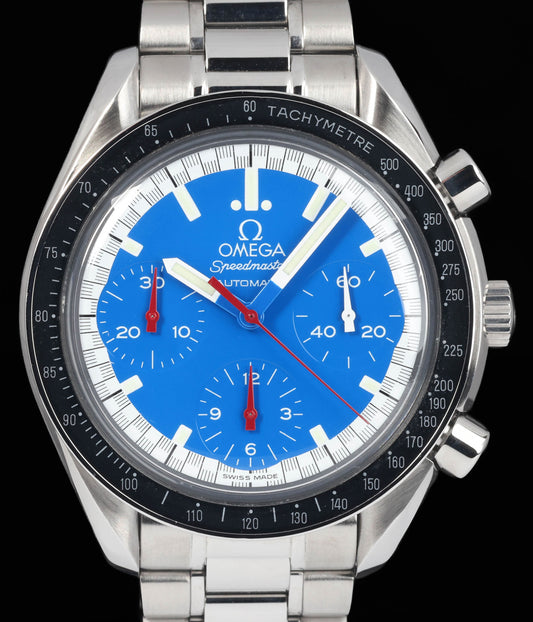 Preowned vintage Omega Speedmaster Schumacher Blue 3510.81 39mm 1990s Box & Papers | Crown Vintage Watches