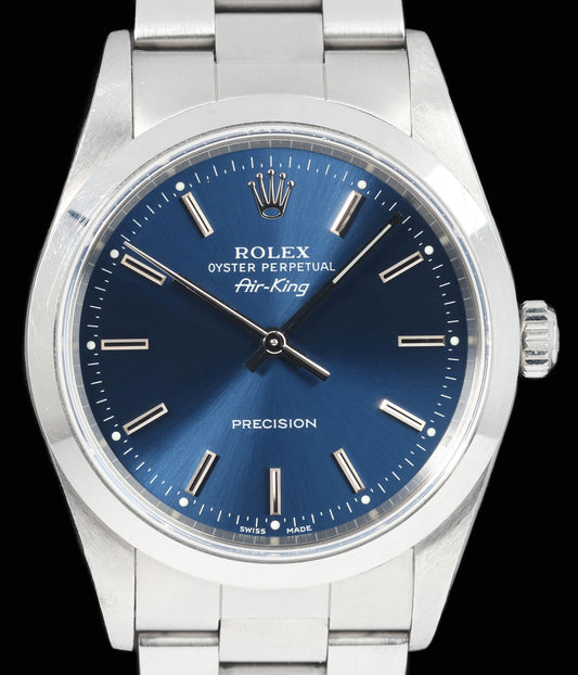 Preowned vintage Rolex Air-King 14000 Blue Dial 34mm 1999 Box & Papers | Crown Vintage Watches