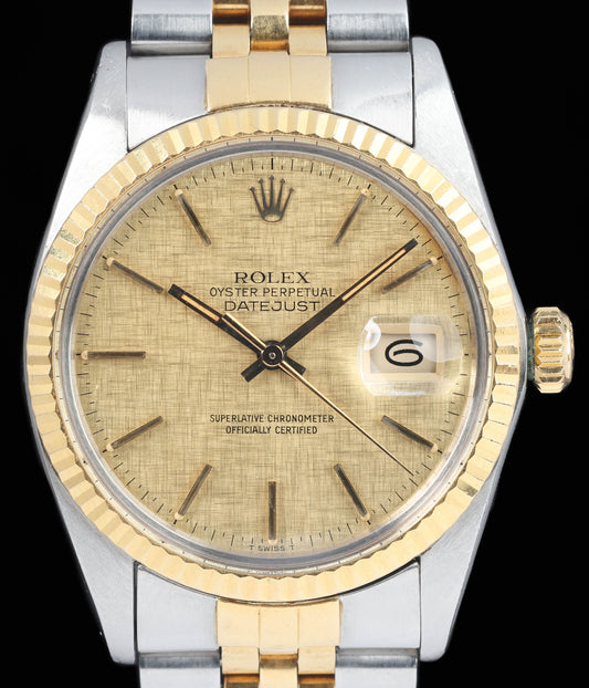 Preowned vintage Rolex Datejust 16013 'Linen Dial' 36mm Two-Tone Jubilee Circa 1984 | Crown Vintage Watches