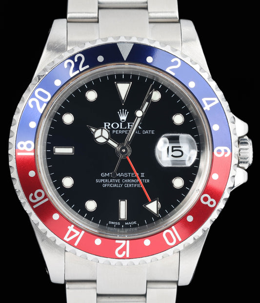 Preowned vintage Rolex GMT Master II 16710 'Pepsi' 40MM 2002 Box & Papers | Crown Vintage Watches