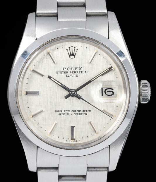 Preowned vintage Rolex Oyster Perpetual 1500 'Linen Dial 34mm 1975 | Crown Vintage Watches