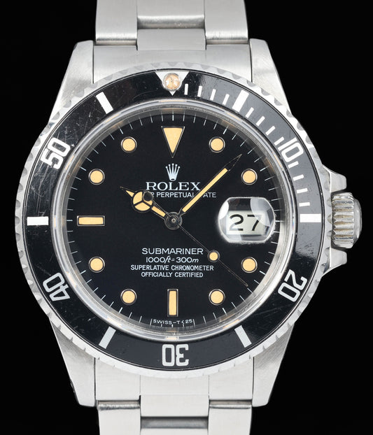 Preowned vintage Rolex Submariner 16800 'Pumpkin Dial' 40mm 1984 | Crown Vintage Watches