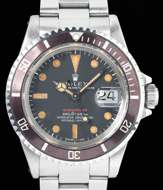 Preowned vintage Rolex Submariner Date 1680 MK4 'Red' Pumpkin Patina 40mm 1971 | Crown Vintage Watches