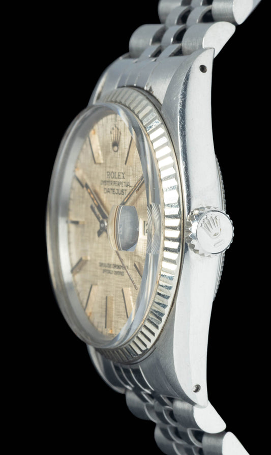 Preowned vintage Rolex Datejust 16014 'Linen Dial' 36MM 1978 Box & Papers | Crown Vintage Watches