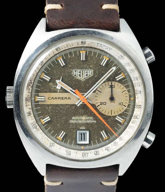 Preowned vintage Heuer Carrera 1553 'Tropical' 39mm Circa 1970s | Crown Vintage Watches