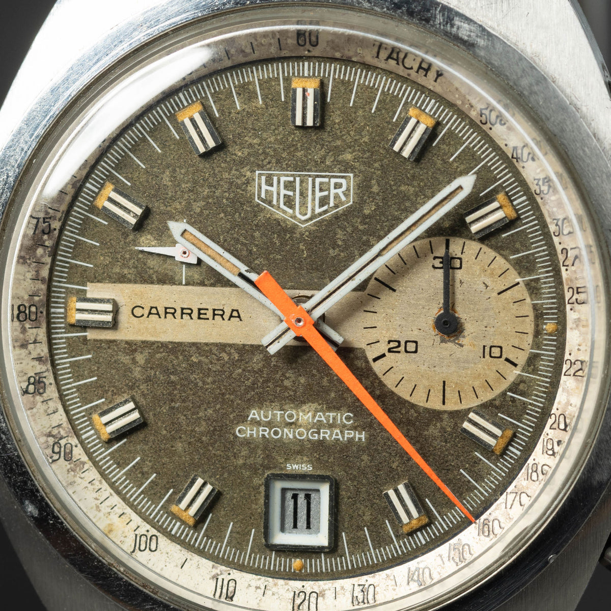 Preowned vintage Heuer Carrera 1553 'Tropical' 39mm Circa 1970s | Crown Vintage Watches