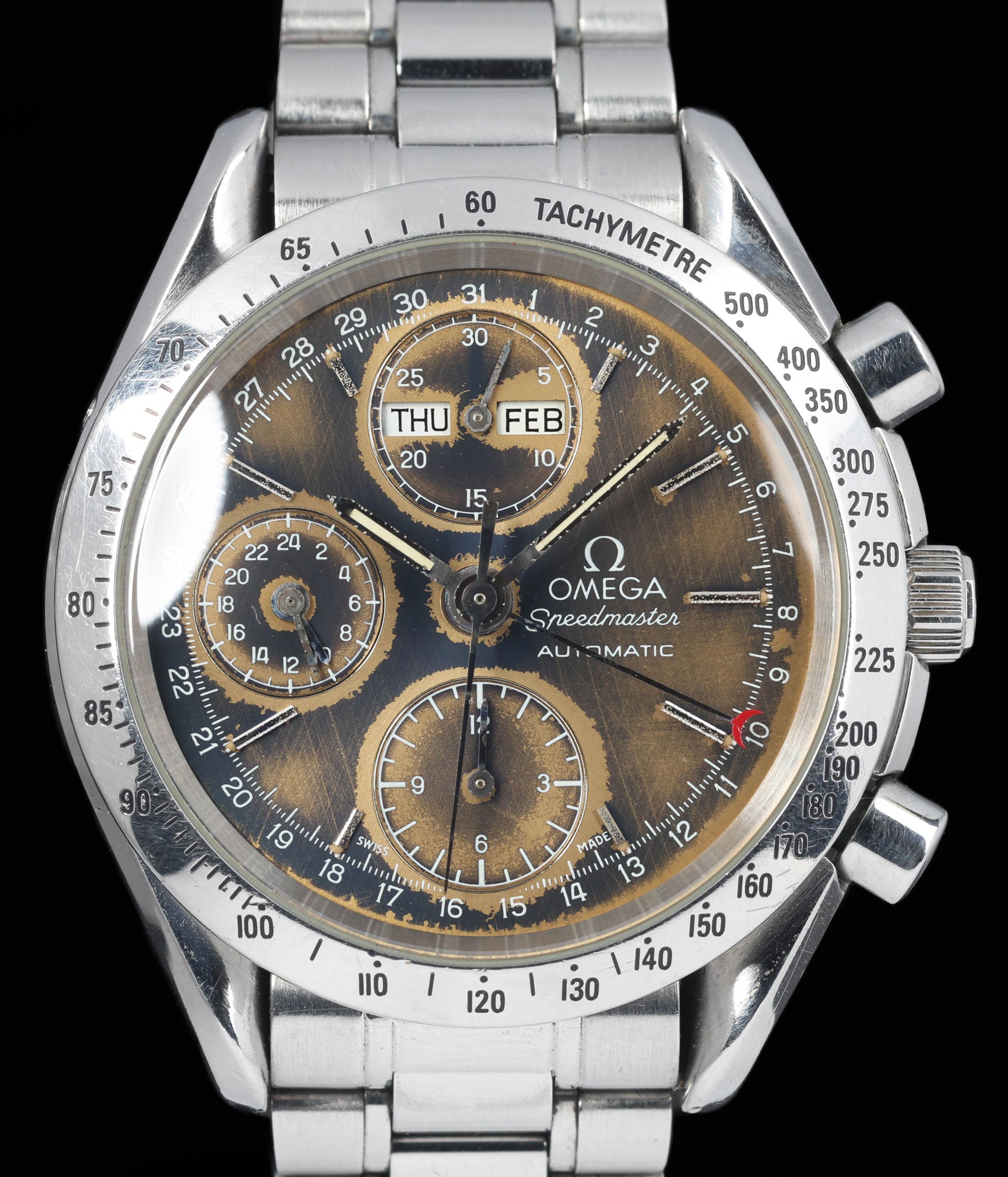 Preowned vintage Omega Speedmaster Day-Date 'Tropical' 3521.80 39mm 1995 Box & Papers | Crown Vintage Watches