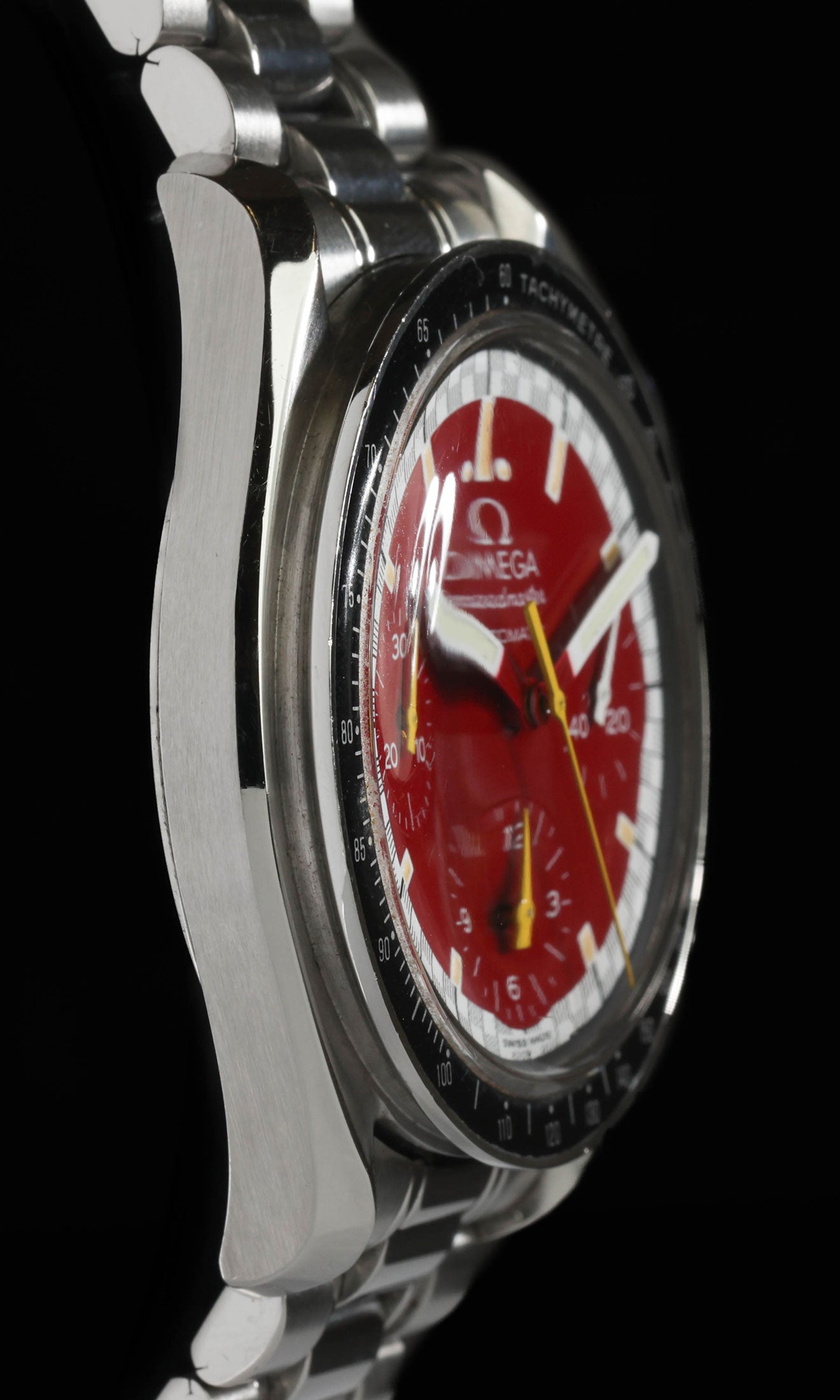 Pre-owned vintage Omega Speedmaster Reduced 3510.61 Schumacher Red 2000s Watch & Box | Crown Vintage Watches