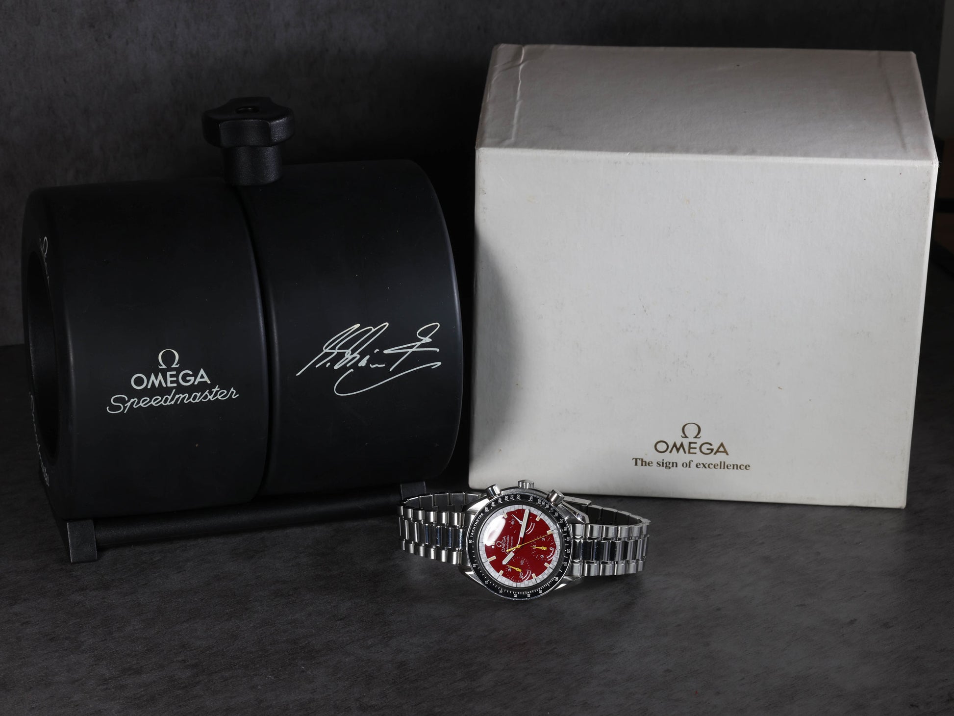 Pre-owned vintage Omega Speedmaster Reduced 3510.61 Schumacher Red 2000s Watch & Box | Crown Vintage Watches