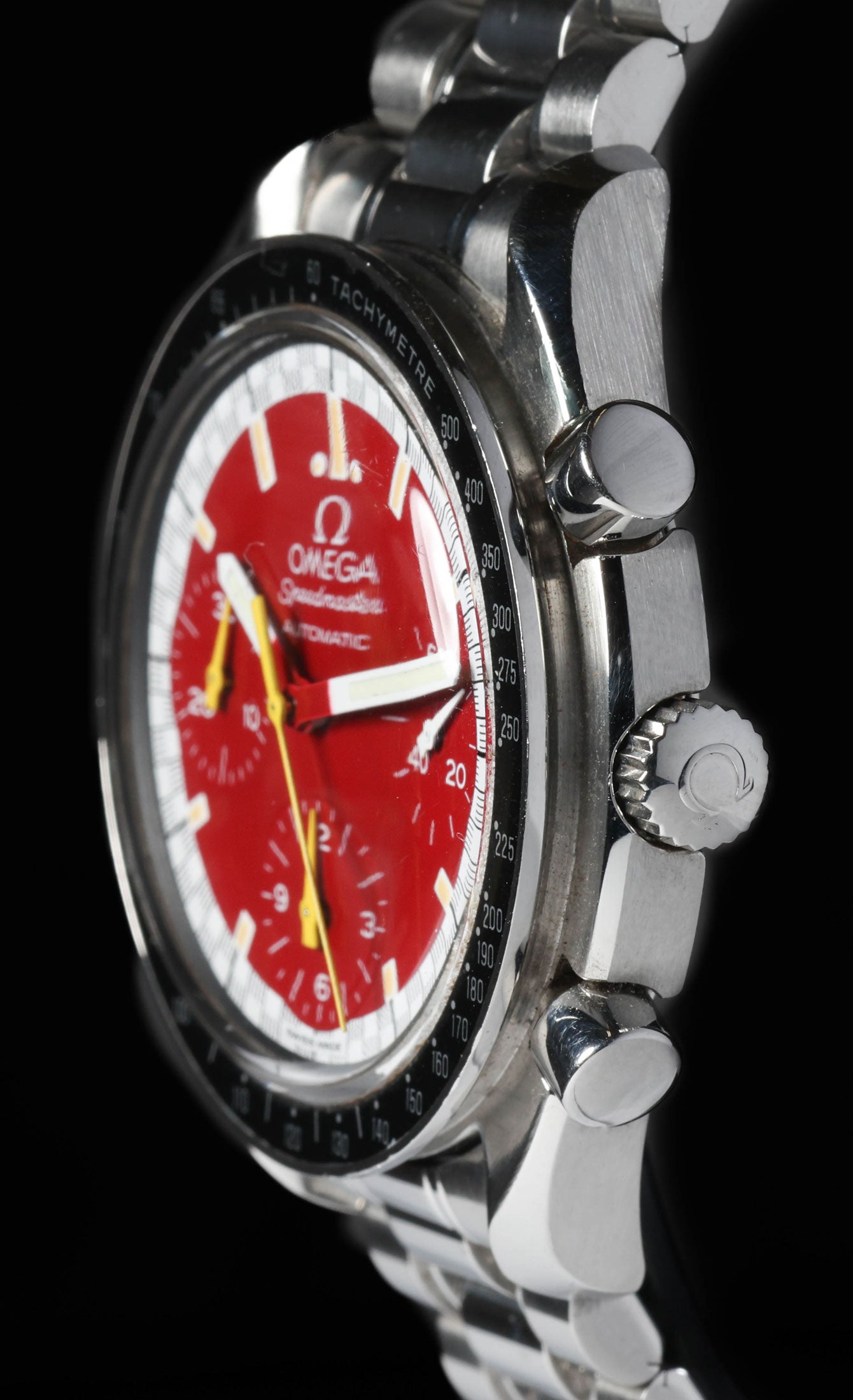 Pre-owned vintage Omega Speedmaster Reduced 3510.61 Schumacher Red 2000s Watch & Box | Crown Vintage Watches