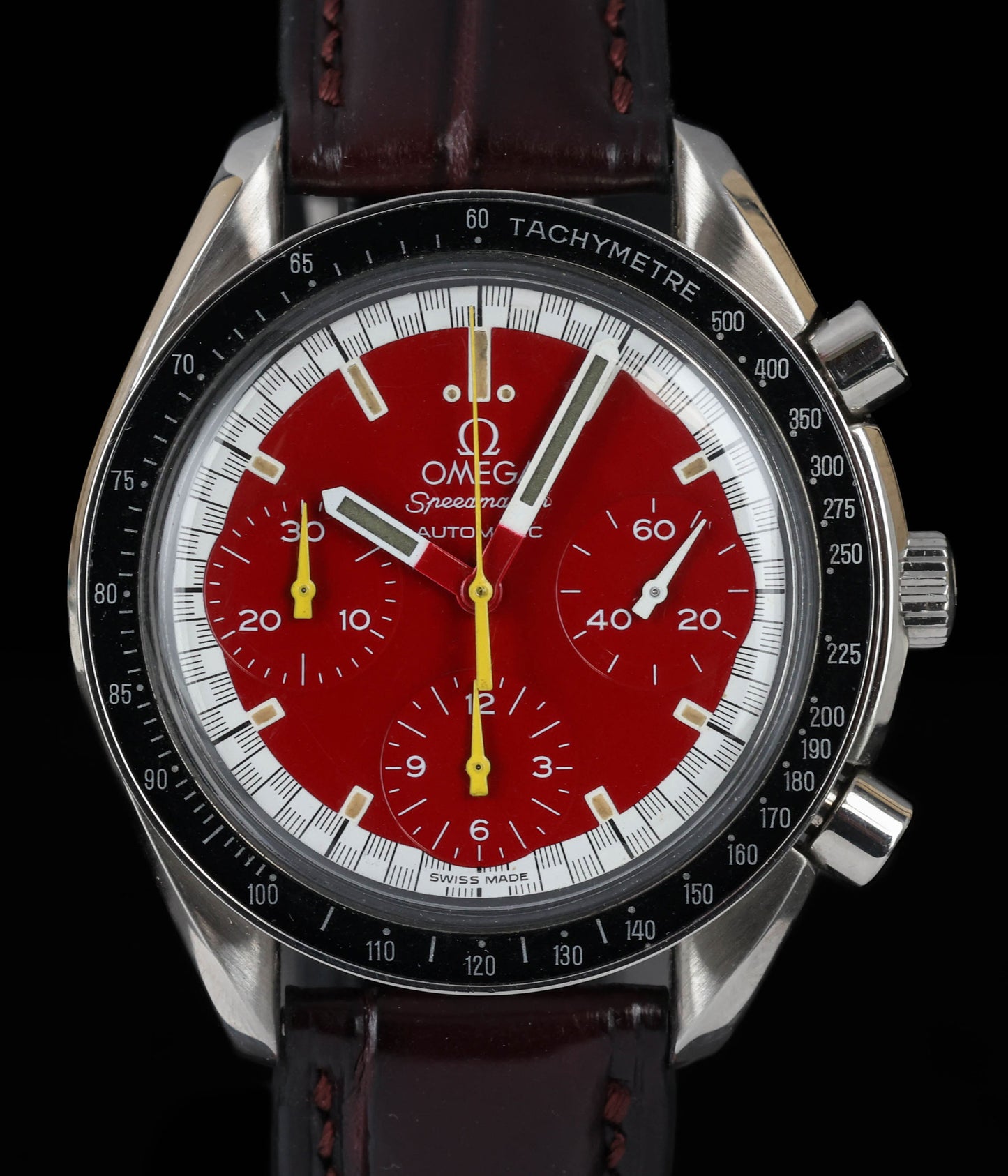 Pre-owned vintage Omega Speedmaster Reduced 'Red Schumacher' 39MM 3810.61.41 1995 | Crown Vintage Watches 