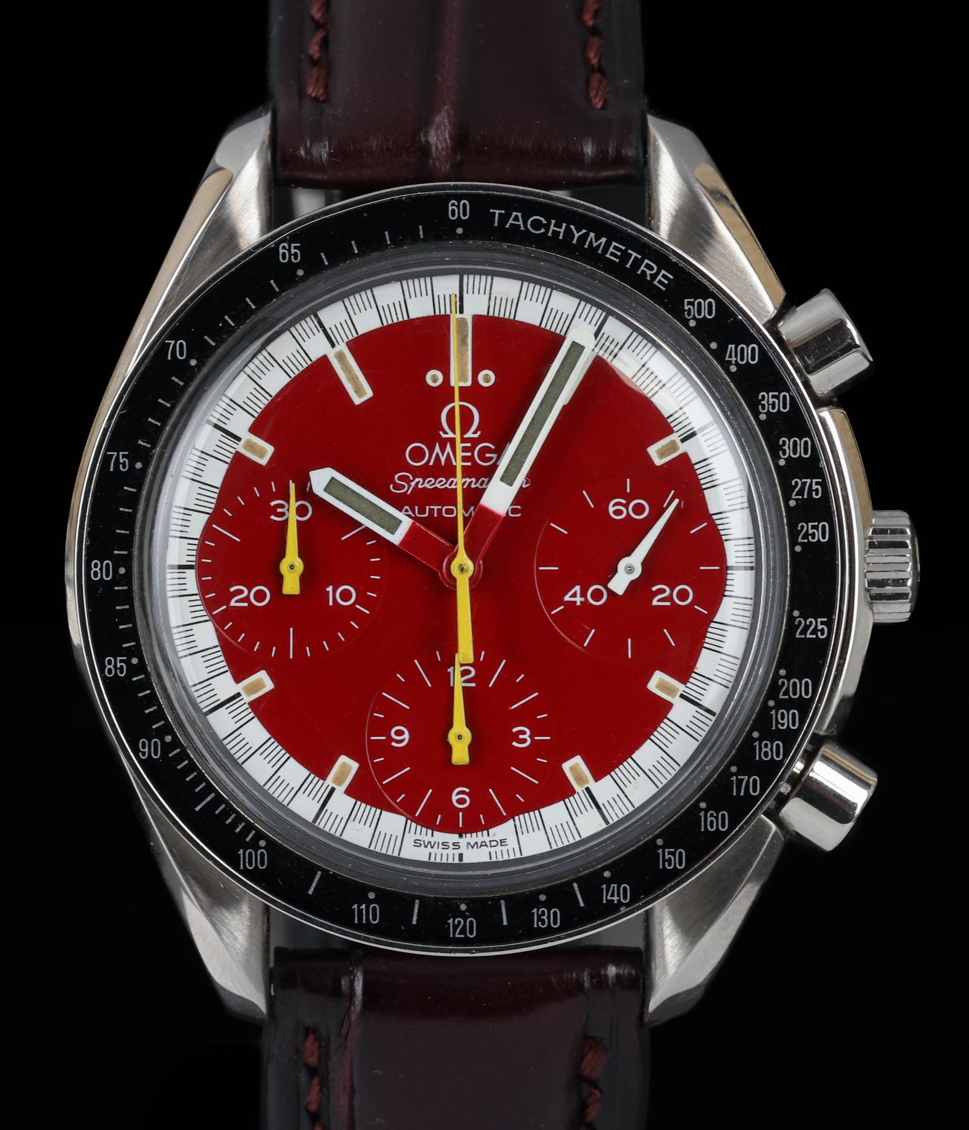 Pre-owned vintage Omega Speedmaster Reduced 'Red Schumacher' 39MM 3810.61.41 1995 | Crown Vintage Watches 