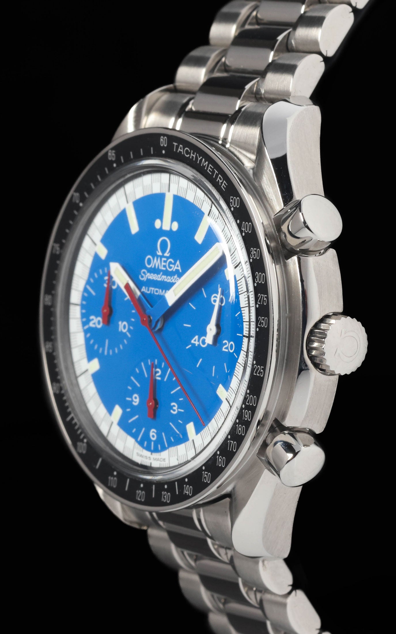 Preowned vintage Omega Speedmaster Schumacher Blue 3510.81 39mm 1990s Box & Papers | Crown Vintage Watches