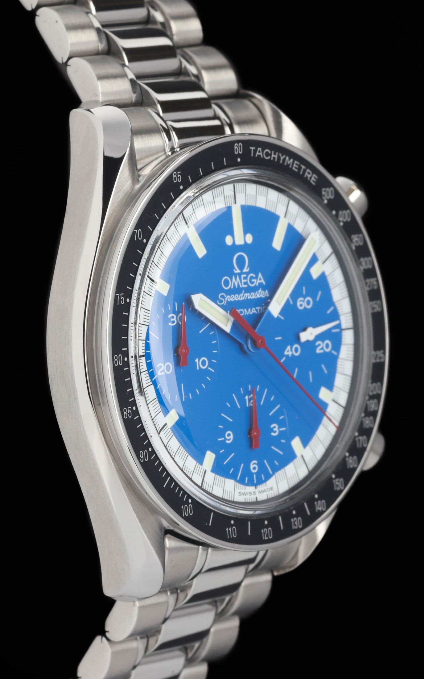 Preowned vintage Omega Speedmaster Schumacher Blue 3510.81 39mm 1990s Box & Papers | Crown Vintage Watches