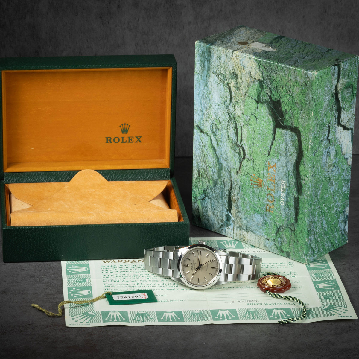 Preowned vintage Rolex Air-King 14000 'Tropical' Dial 34mm 1996 Box & Papers | Crown Vintage Watches