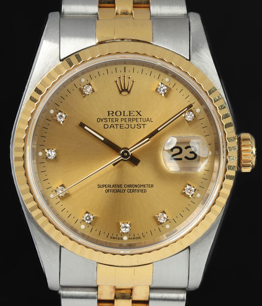 Pre-owned vintage Rolex Datejust 16233G 36MM Champagne Diamond Dial 1993 | Crown Vintage Watches