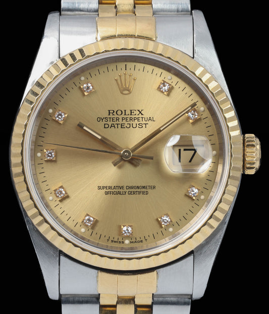 Pre-owned vintage Rolex Datejust 16233G 36MM Champagne Diamond Dial 1993 | Crown Vintage Watches