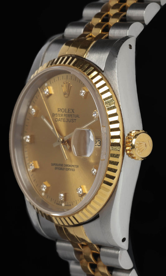 Pre-owned vintage Rolex Datejust 16233G 36MM Champagne Diamond Dial 1993 | Crown Vintage Watches
