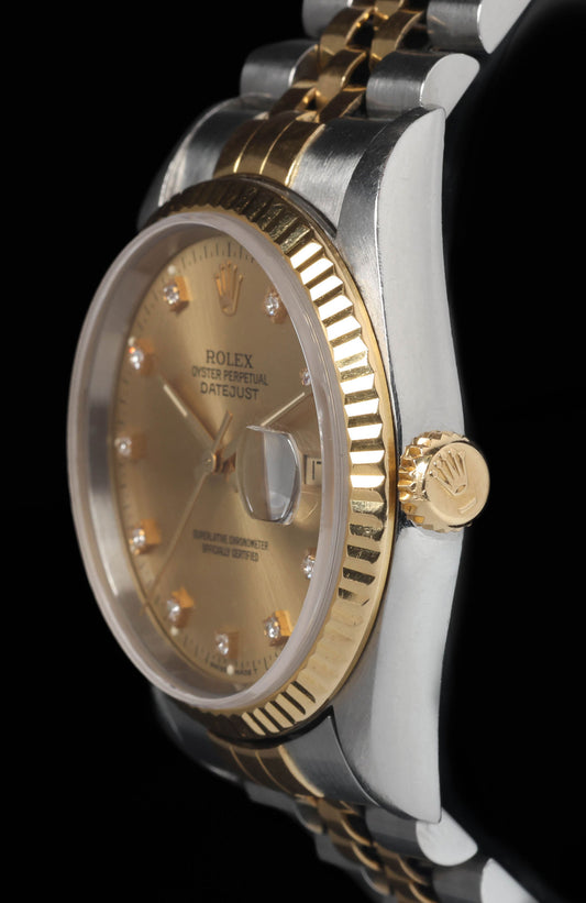 Pre-owned vintage Rolex Datejust 16233G 36MM Champagne Diamond Dial 1993 | Crown Vintage Watches