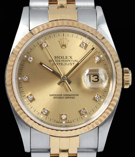 Pre-owned vintage Rolex Datejust 36MM Diamond Dial 16233G 1991 Box & Papers | Crown Vintage Watches