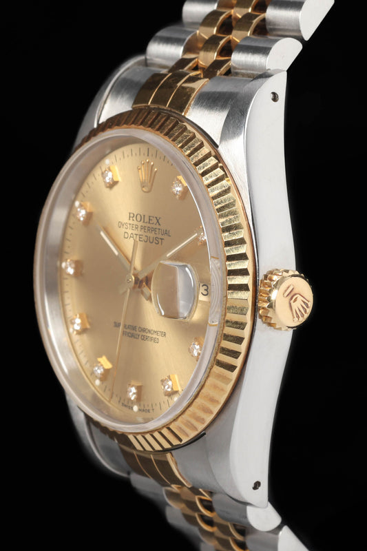 Pre-owned vintage Rolex Datejust 36MM Diamond Dial 16233G 1991 Box & Papers | Crown Vintage Watches