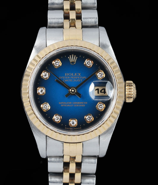 Pre-owned vintage Rolex Datejust 69173 Blue Vignette Dial 26MM 1996 | Crown Vintage Watches