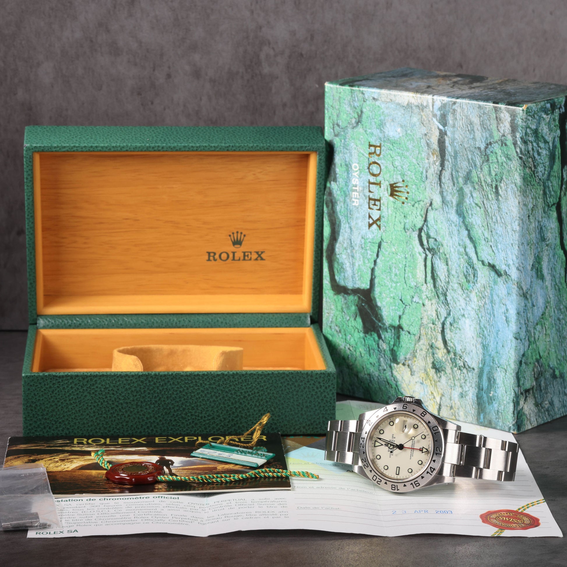 Preowned vintage Rolex Explorer II 16570 'Panna' 40MM 2003 Box & Papers | Crown Vintage Watches