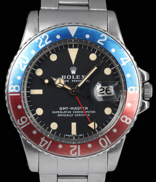 Pre-owned vintage Rolex GMT Master 1675 'MK2 dial' 40mm 1973  | Crown Vintage Watches