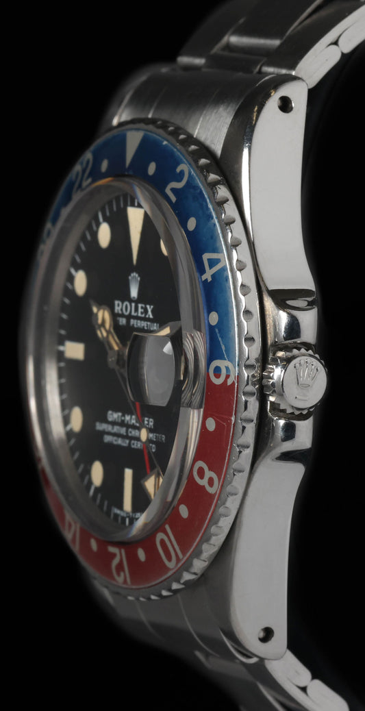 Pre-owned vintage Rolex GMT Master 1675 'MK2 dial' 40mm 1973  | Crown Vintage Watches