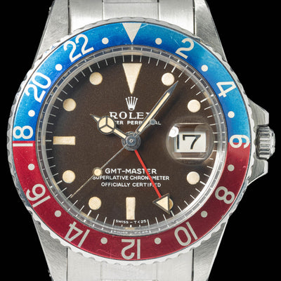 Preowned vintage Rolex GMT Master 1675 Pepsi 'Mk1' Tropical 40mm 1966 | Crown Vintage Watches