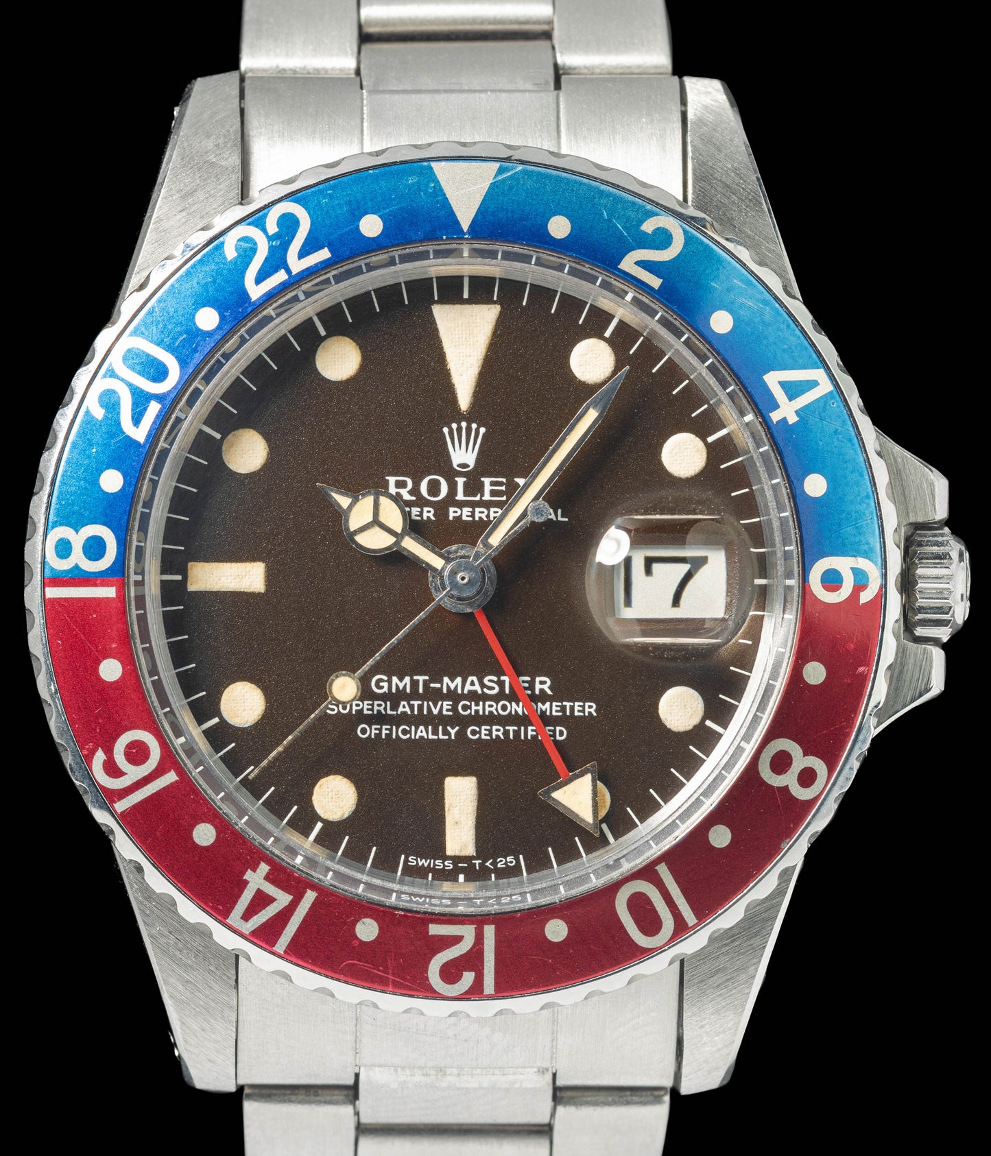 Preowned vintage Rolex GMT Master 1675 Pepsi 'Mk1' Tropical 40mm 1966 | Crown Vintage Watches