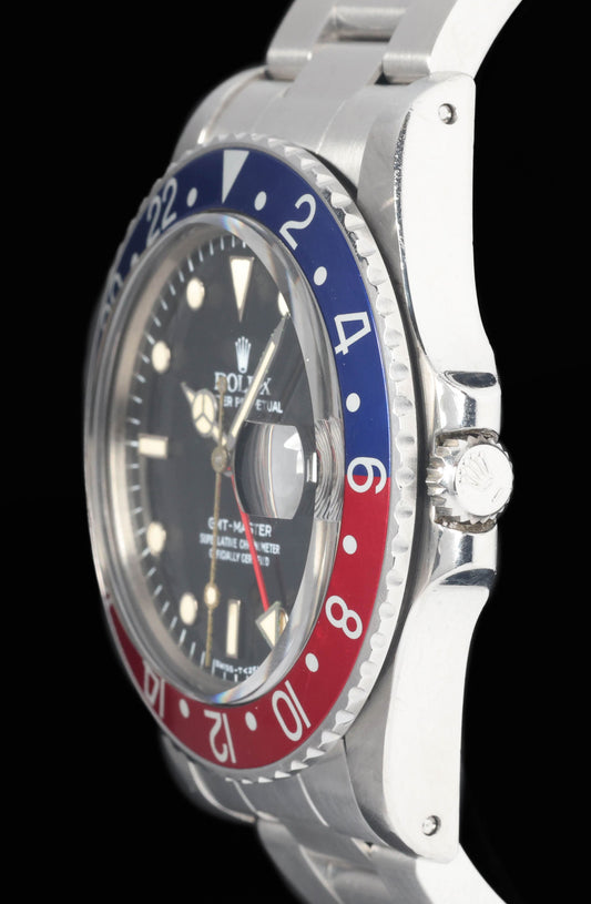 Preowned vintage Rolex GMT Master 'Pepsi' Spider Dial 40mm 16750 1984 Box & Papers | Crown Vintage Watches