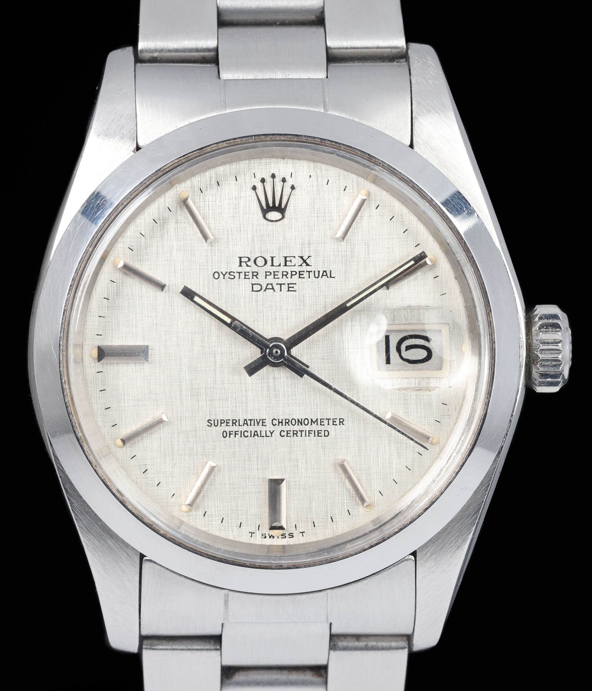 Preowned vintage Rolex Oyster Perpetual 1500 'Linen Dial 34mm 1975 | Crown Vintage Watches