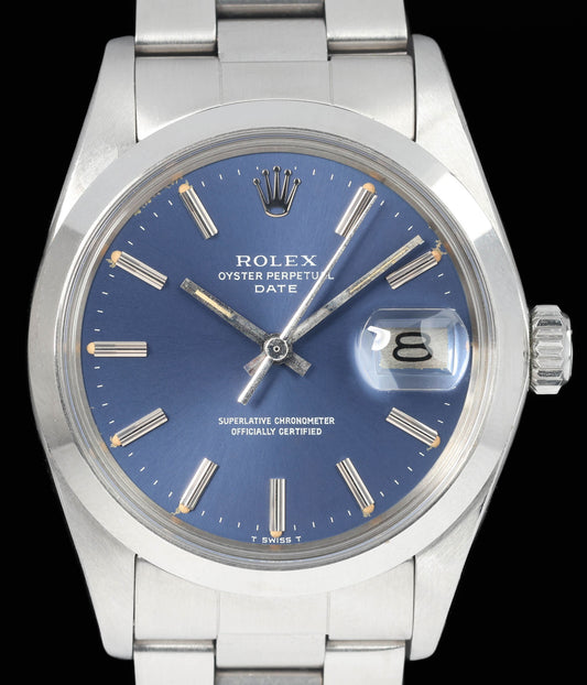 Preowned vintage Rolex Oyster Perpetual Date 1500 Blue Dial 34MM 1978 | Crown Vintage Watches