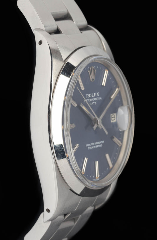 Preowned vintage Rolex Oyster Perpetual Date 1500 Blue Dial 34MM 1978 | Crown Vintage Watches