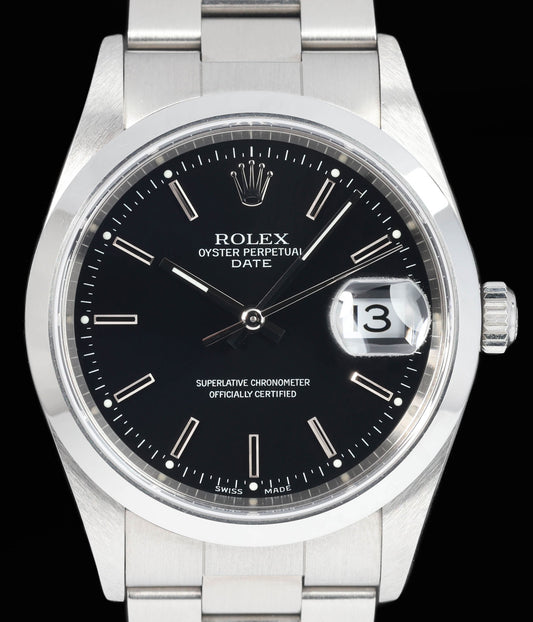 Preowned vintage Rolex Oyster Perpetual Date 15200 Black Dial 34MM 1999 Box & Papers | Crown Vintage Watches