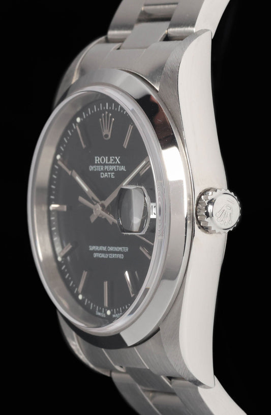 Preowned vintage Rolex Oyster Perpetual Date 15200 Black Dial 34MM 1999 Box & Papers | Crown Vintage Watches