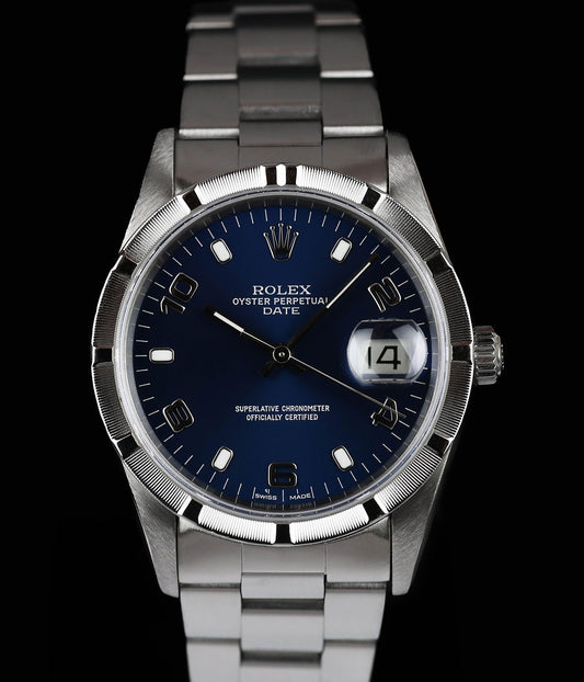 Rolex Oyster Perpetual Date 15210 Blue Dial 34MM 1993 | Box & RSC Card | Crown Vintage Watches