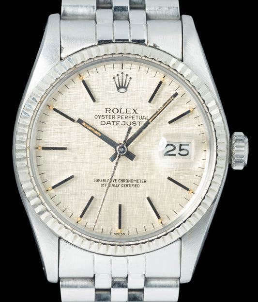 Preowned vintage Rolex Datejust 16014 'Linen Dial'  36MM 1978 Box & Papers | Crown Vintage Watches
