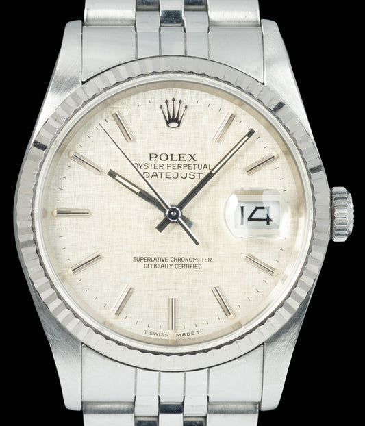 Preowned vintage Rolex Datejust 16234 'Linen Dial' 36mm Circa 1990 | Crown Vintage Watches